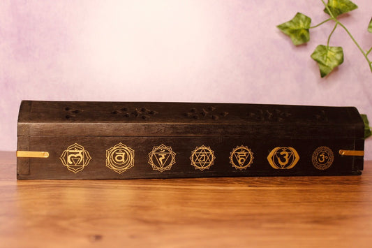 7 Chakra Wood Coffin Incense Box Burner(12”Long)